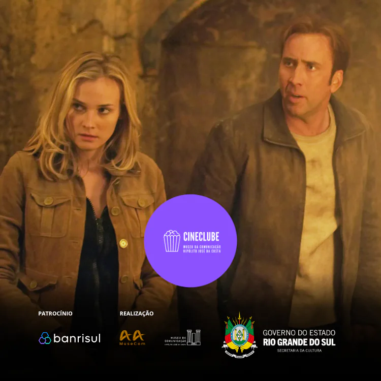 Imagem mostra uma mulher e um homem em uma cena de aventura, ambos usando roupas em tons terrosos. No centro inferior da imagem, há um adesivo roxo com a marca "CINECLUBE" em branco. Na parte inferior, uma faixa escura exibe, da esquerda para a direita, os logotipos "PATROCÍNIO: Banrisul", "REALIZAÇÃO: AA MuseCom", "MuseCom" e "GOVERNO DO ESTADO: RIO GRANDE DO SUL, SECRETARIA DA CULTURA".
